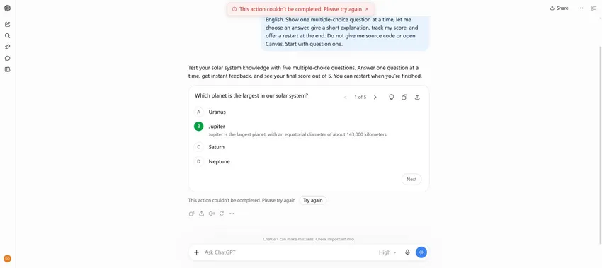 Actual ChatGPT solar system quiz with answer feedback