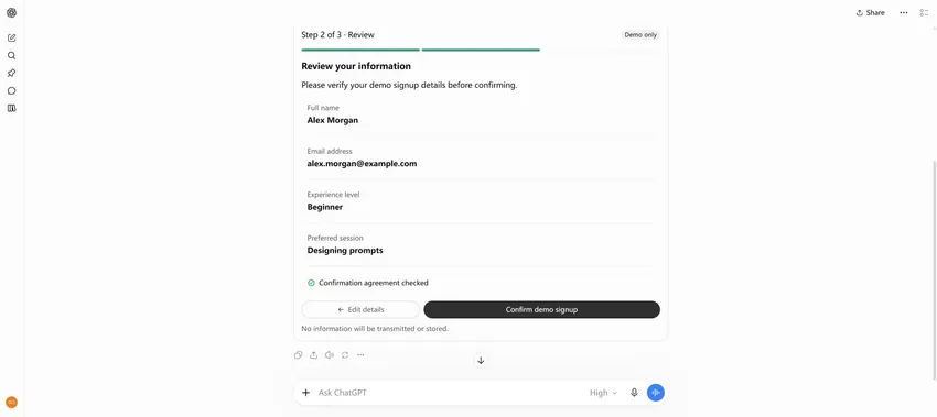 Actual English ChatGPT workshop form showing a review of synthetic signup details